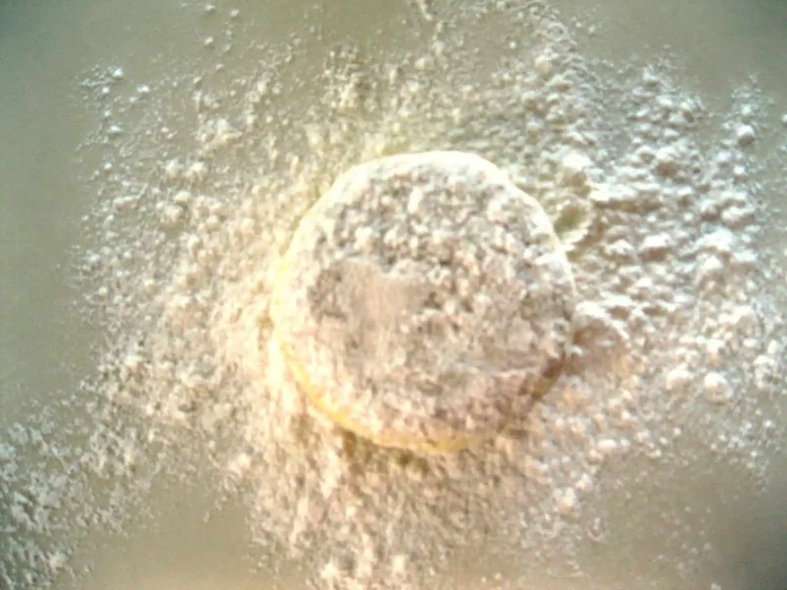 A round of pie crust dough covered in flour on the counter.