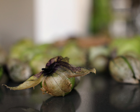 A tomatillo sitting on a black counter.