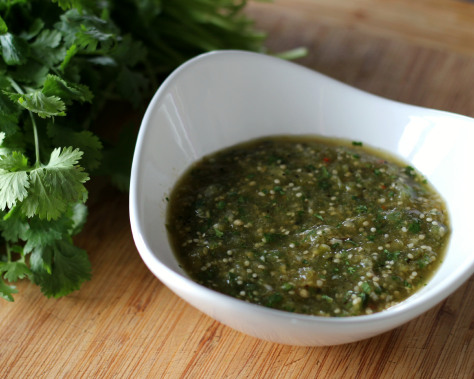 A small white bowl of salsa verde.