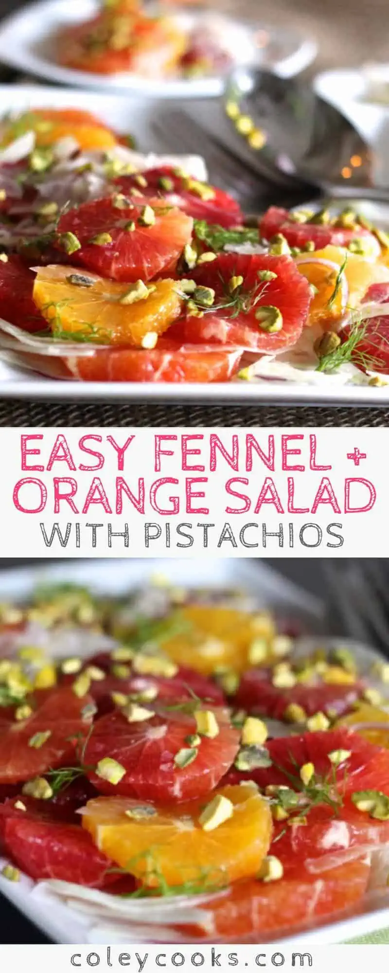 This easy recipe for Fennel + Orange Salad with Pistachios is vegan, gluten free, and perfect for brightening up a winter day! A tangy, refreshing and delicious winter salad. #easy #vegan #salad #recipe #pistachios #orange #citrus | ColeyCooks.com