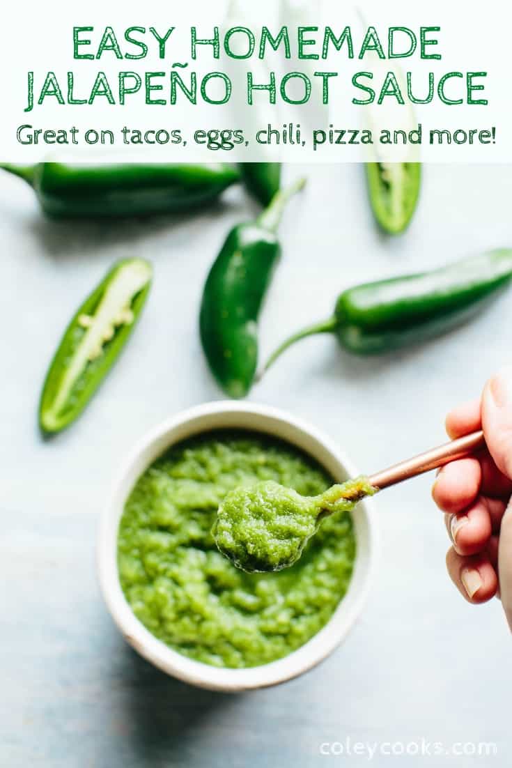 Homemade Jalapeño Hot Sauce! This recipe is super easy, requires only 5 ingredients and tastes so much better than store-bought hot sauce.  #jalapeno #hotsauce #mexican #salsa #tacos #spicy #recipe #hot #sauce | ColeyCooks.com