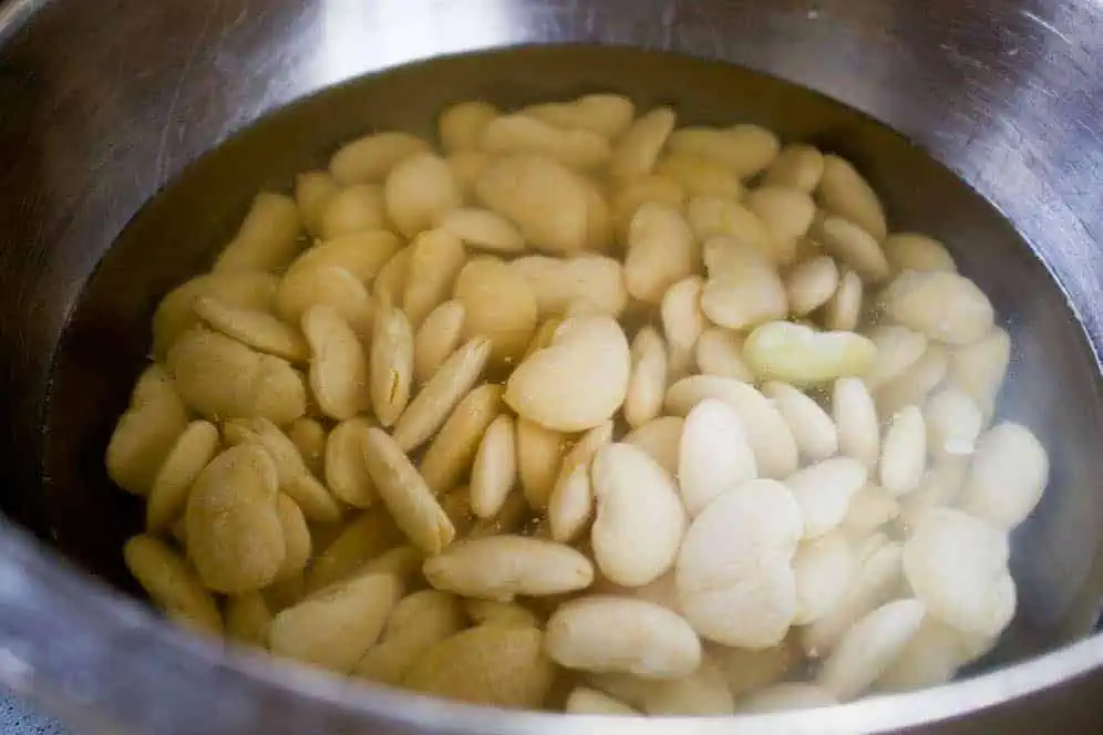 Gigante beans in water in a silver pot.