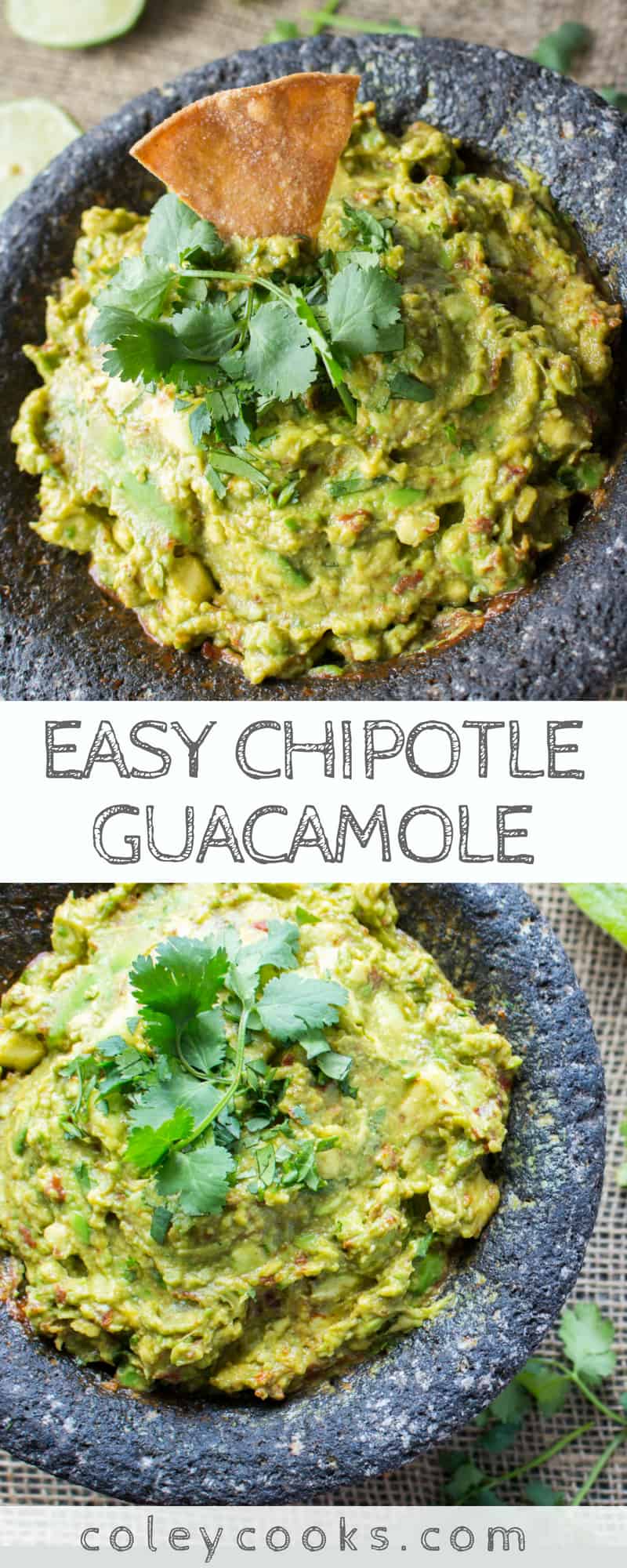 EASY CHIPOTLE GUACAMOLE | Easy guacamole recipe made with creamy avocados and spicy chipotle peppers! Perfect as a dip or on tacos, nachos, quesadillas or your favorite Mexican recipe. #appetizer #guacamole #Mexican #avocado #recipe | ColeyCooks.com