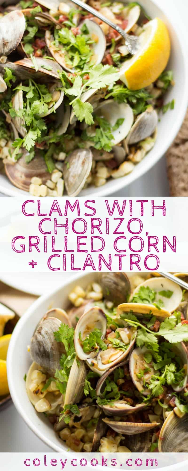 CLAMS with CHORIZO, GRILLED CORN + CILANTRO | Steamed clams with spicy Spanish chorizo, sweet grilled corn, and fresh cilantro! Makes the best summer appetizer or dinner! #glutenfree | ColeyCooks.com