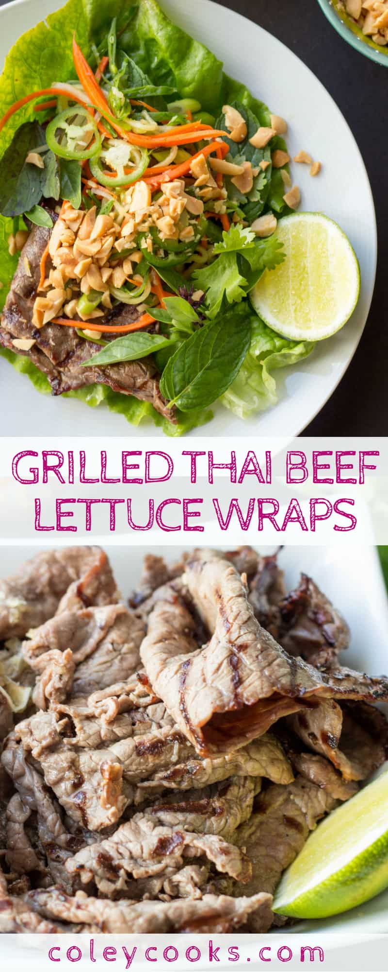 GRILLED THAI BEEF LETTUCE WRAPS | Easy, healthy grilled beef recipe! Flavorful marinated grilled beef with crunchy veggie slaw. #grilled #beef #paleo #recipe #summer #healthy #glutenfree | ColeyCooks.com