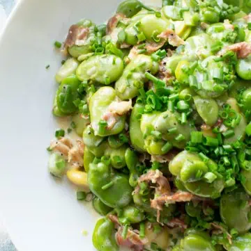Fava beans topped with prosciutto cream, and freshly chopped chives.