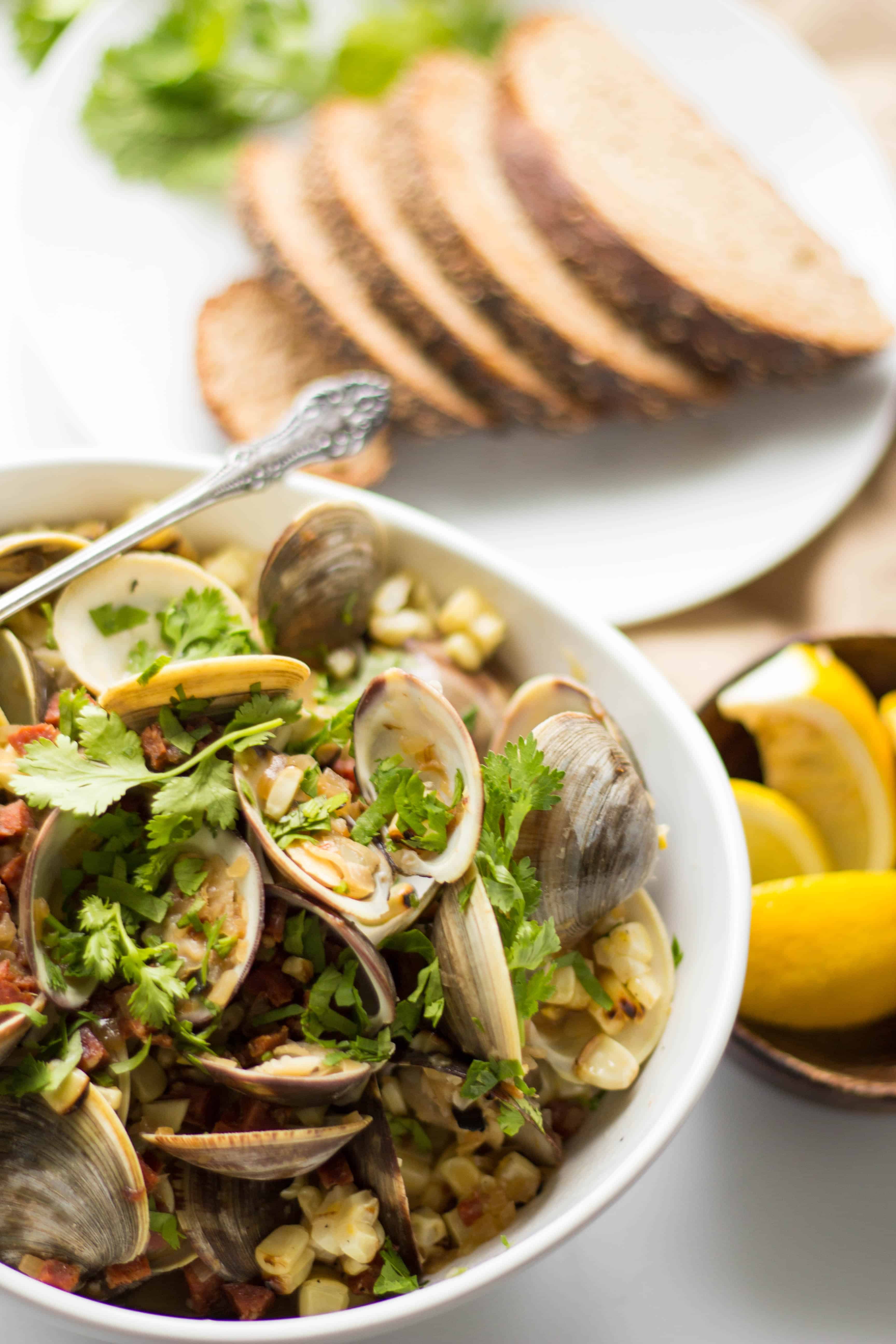 clams with chorizo, grilled corn and cilantro