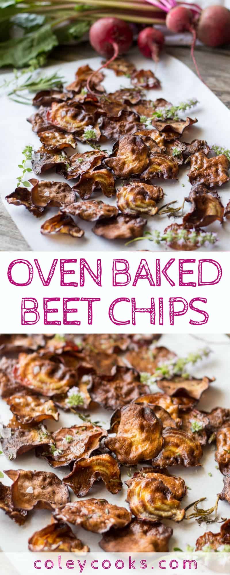 OVEN BAKED BEET CHIPS | This EASY recipe for beet chips are light and crisp, salty and satisfying. They're made in the oven so they're healthy too! Paleo, vegan, gluten free. | ColeyCooks.com