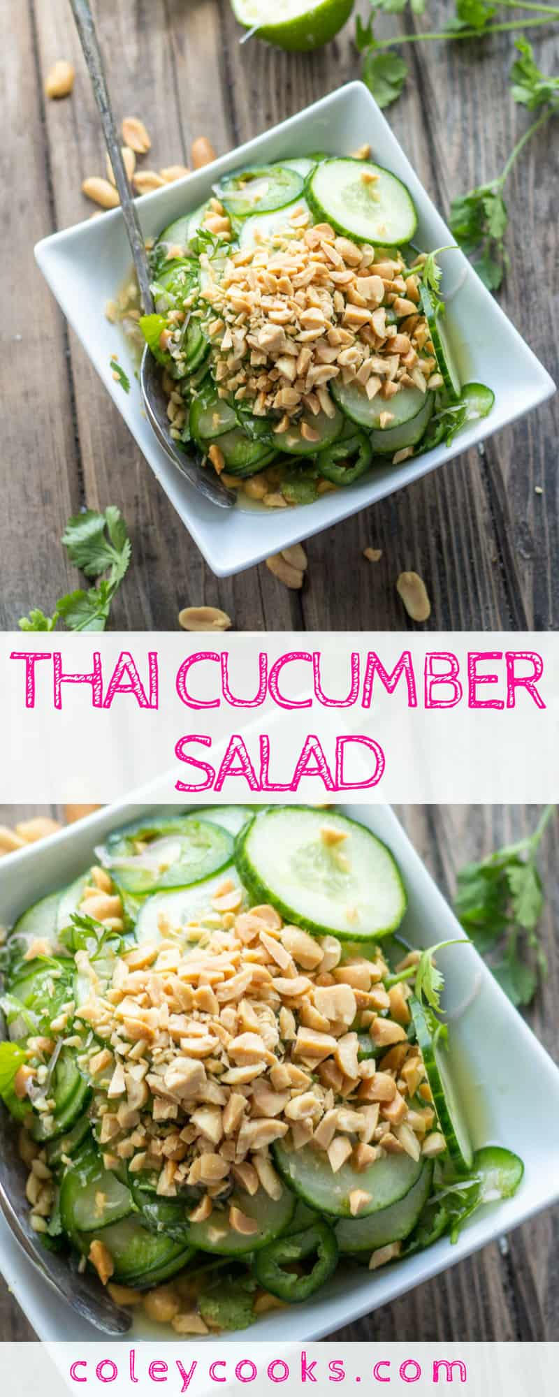 THAI CUCUMBER SALAD | This easy summer salad recipe is light, crisp, and loaded with Thai flavor! Spicy from jalapeños and great crunch from roasted peanuts. #plantbased #recipe #Thai #cucumber #salad #summer | ColeyCooks.com