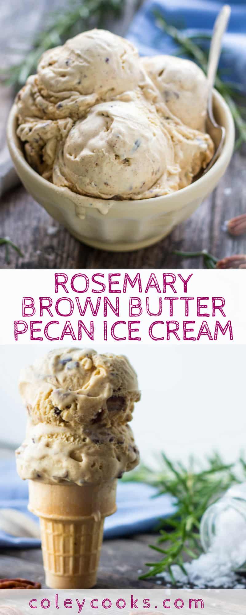This recipe for Rosemary Brown Butter Pecan Ice Cream is an over the top play on traditional butter pecan ice cream. Rich, buttery, and loaded with salty pecans. #icecream #recipe #butterpecan #brownbutter | ColeyCooks.com