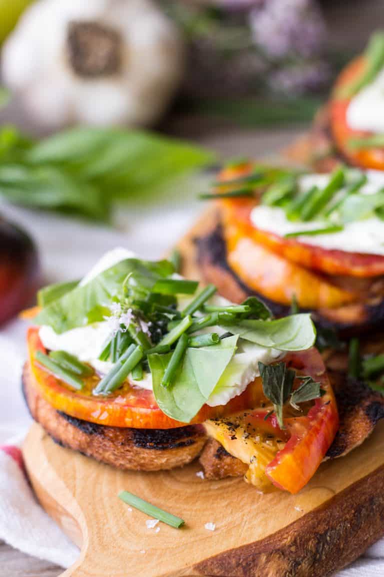 Heirloom Tomato Toasts with Feta + Herbs