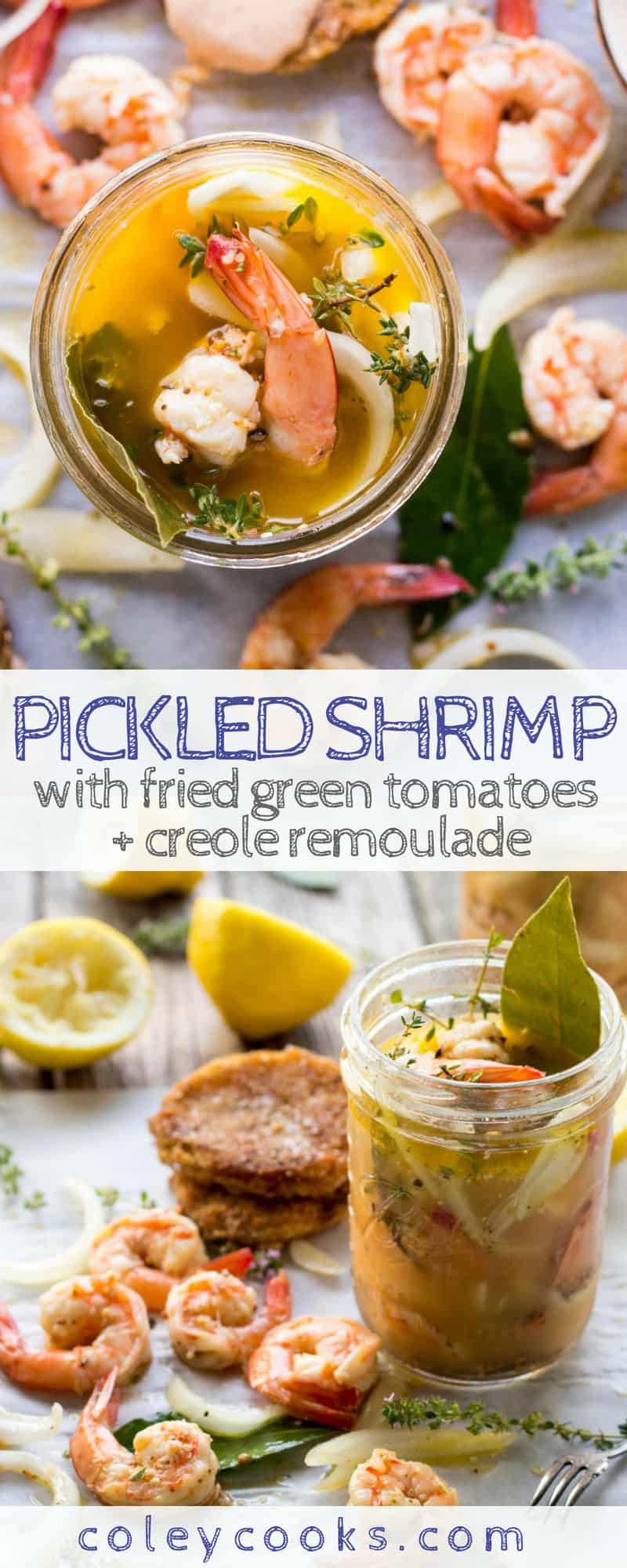 PICKLED SHRIMP with FRIED GREEN TOMATOES + CREOLE REMOULADE | Easy shrimp appetizer recipe! Tangy quick pickled shrimp with classic fried green tomatoes and creamy remoulade. #appetizer #recipe #shrimp #pickled #southern #summer #creole | ColeyCooks.com