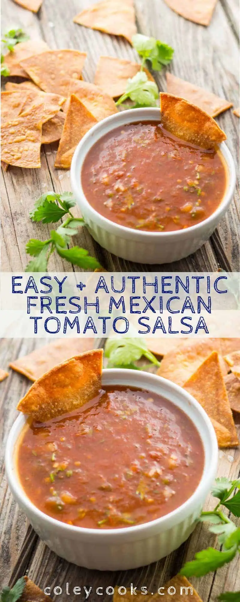 This easy recipe for Mexican Tomato Salsa is an authentic, spicy and flavorful dip for chips or a sauce for your favorite Mexican dish. Great for Cinco de Mayo! #cinco #Mexican #easy #authentic #tomato #spicy #salsa #recipe #chips #dip #snacks | ColeyCooks.com