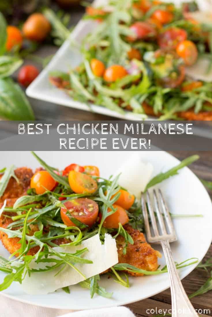 Look no further, this is the BEST reicpe for Chicken Milanese EVER! Super crispy Italian breaded chicken cutlets served with a lemony arugula tomato salad. SO good!! #best #breaded #chicken #cutlet #recipe #milanese #dinner #arugula #tomato #salad | ColeyCooks.com
