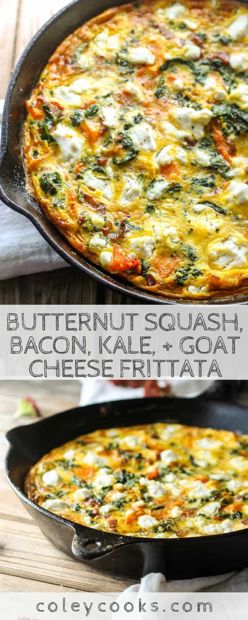 Butternut Squash, Bacon, Kale, + Goat Cheese Frittata | Easy frittata recipe with all the best Fall vegetables. Great for breakfast or brunch! #easy #fall #recipe #brunch #breakfast #eggs #frittata #kale #butternut | ColeyCooks.com