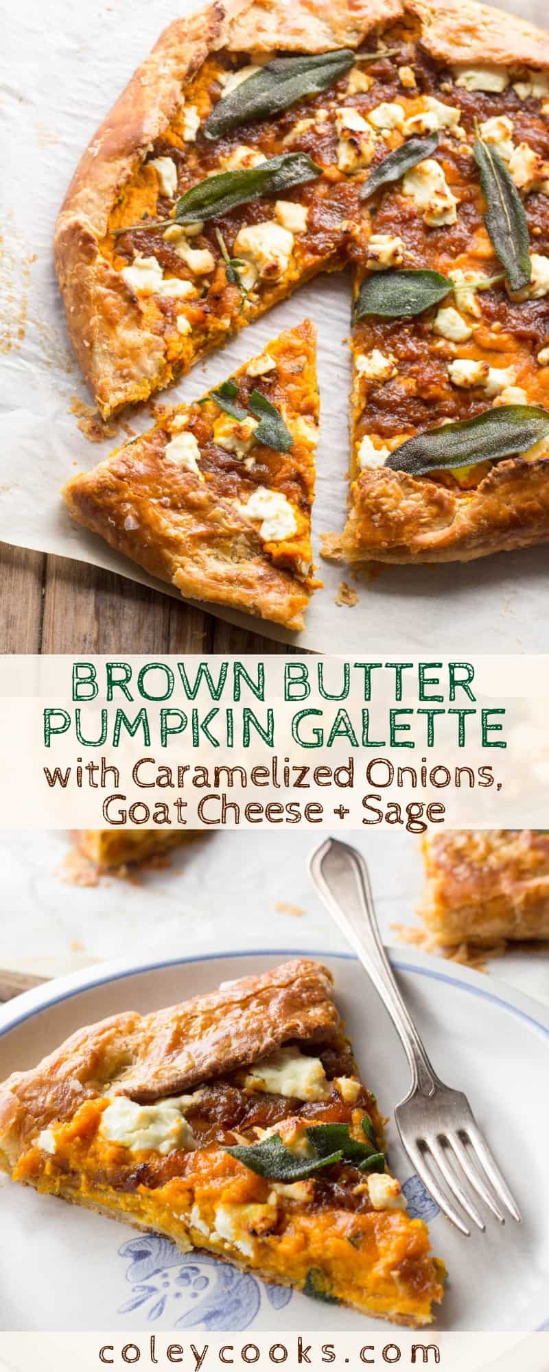 Brown Butter Pumpkin Galette with Caramelized Onions, Goat Cheese + Sage | This amazing savory pie recipe makes the best Thanksgiving appetizer! #thanksgiving #recipe #appetizer #side #pumpkin #pie #savory #brownbutter | ColeyCooks.com