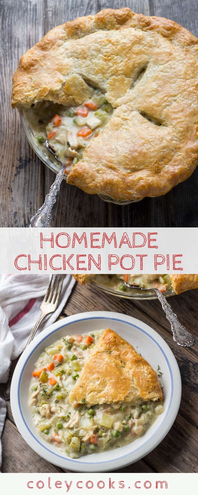 HOMEMADE CHICKEN POT PIE | The best recipe for chicken pot pie ever. Buttery crust, tender chicken lots of vegetabels and a flavorful gravy. #best #fall #recipe #chicken #potpie #pie #savory #dinner #classic | ColeyCooks.com