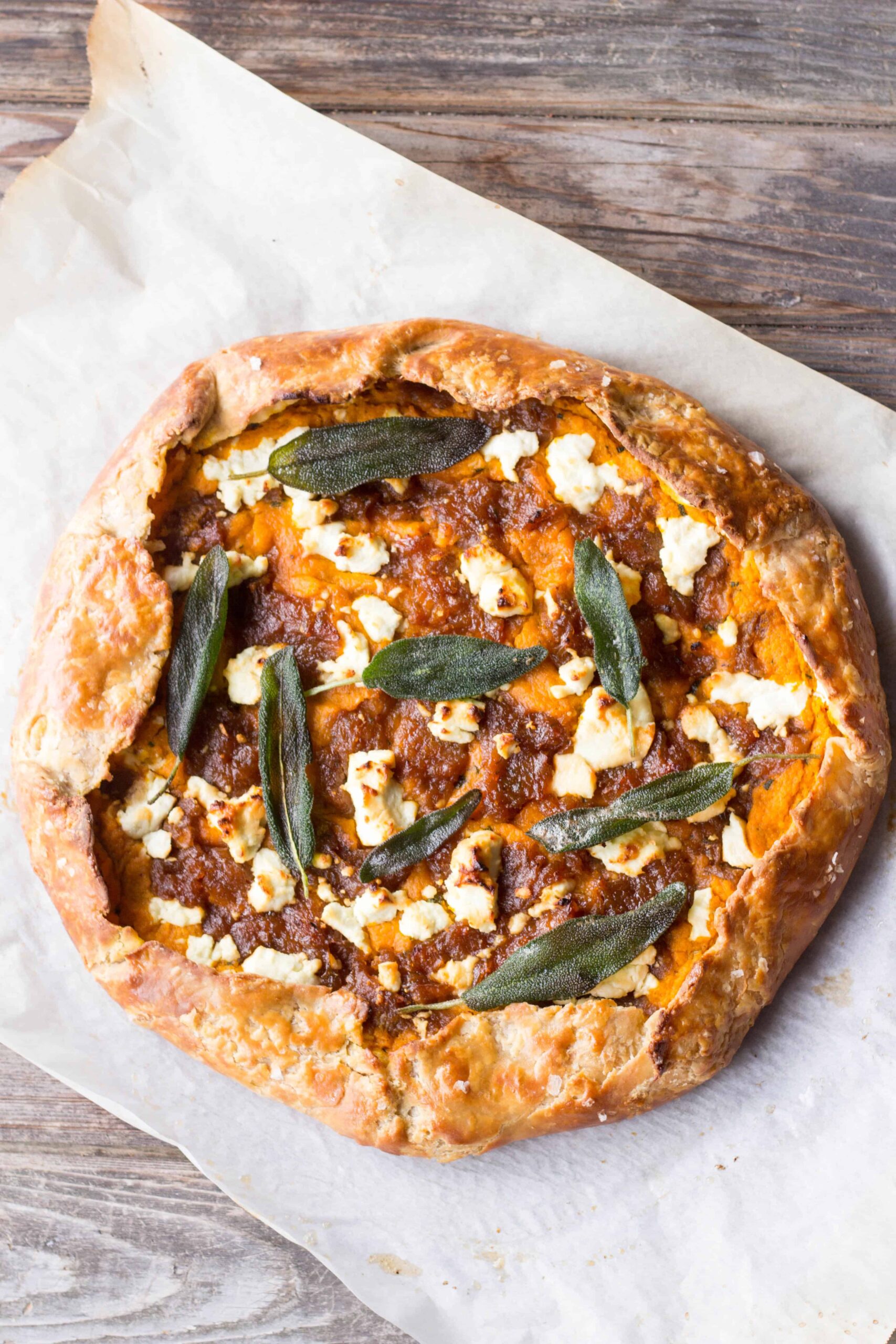 Brown Butter Pumpkin Galette with Caramelized Onions, Goat Cheese + Sage