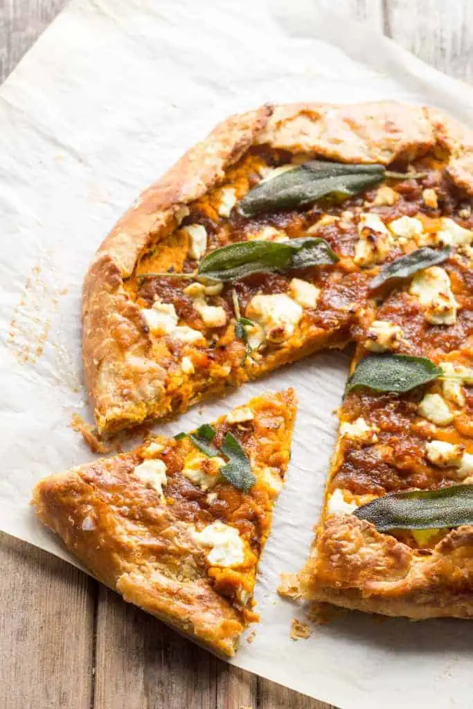 Brown Butter Pumpkin Galette with Caramelized Onions, Goat Cheese + Sage