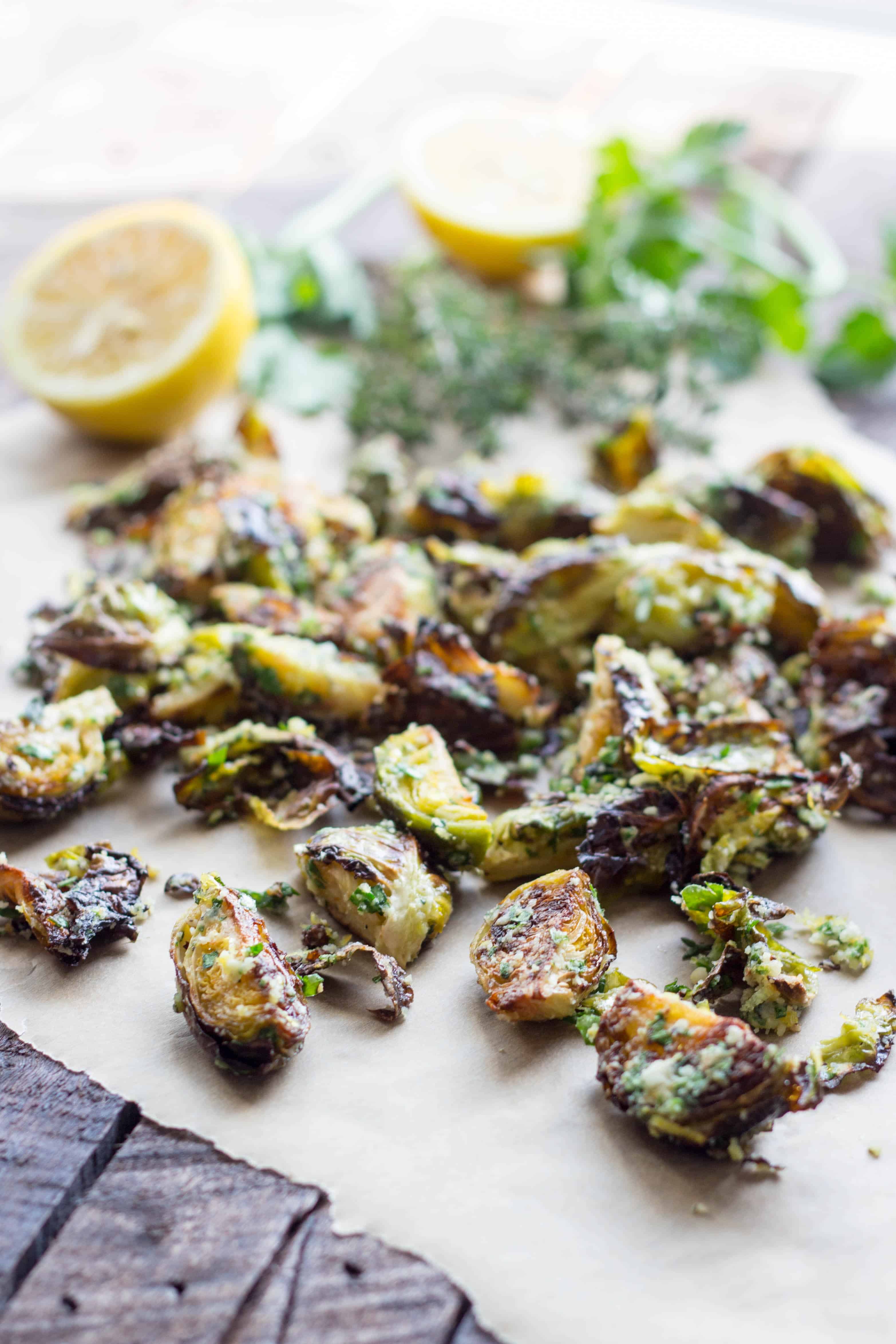 crispy roasted brussels sprouts with pecorino + herbs