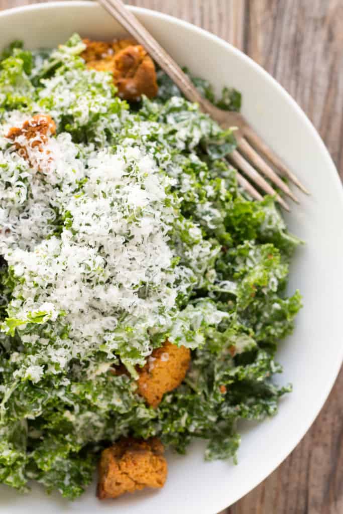 Kale Caesar Salad with Cornbread Croutons