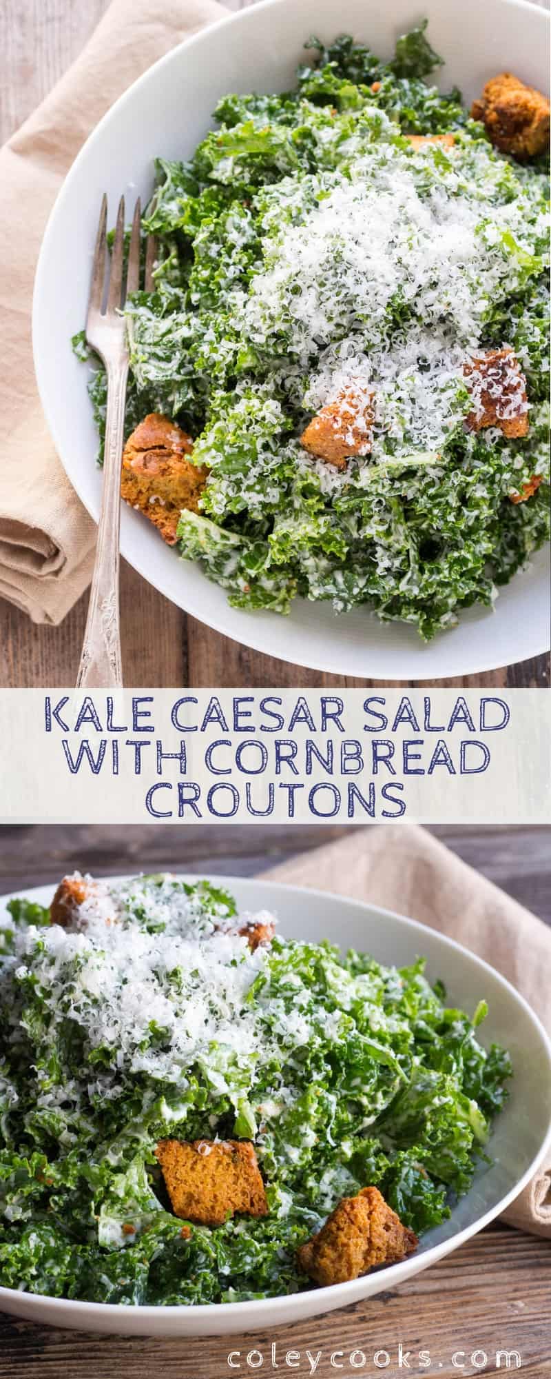 This easy recipe for Kale Caesar Salad is made with tender massaged kale and a traditional homemade Caesar dressing with anchovies. #easy #kale #massaged #caesar #salad #cornbread #croutons #anchovies #cheese #homemade  | ColeyCooks.com