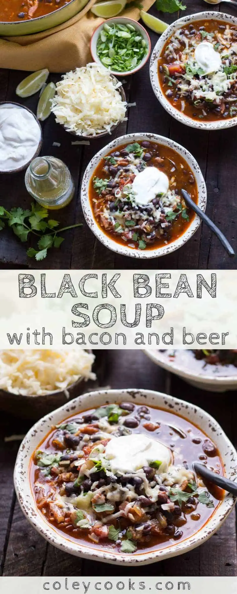 This Black Bean Soup with bacon + beer is so easy, super flavorful and perfect for watching football! Best recipe for Super Bowl Sunday! #easy #soup #recipe #bacon #beer #football #superbowl #beans #texmex