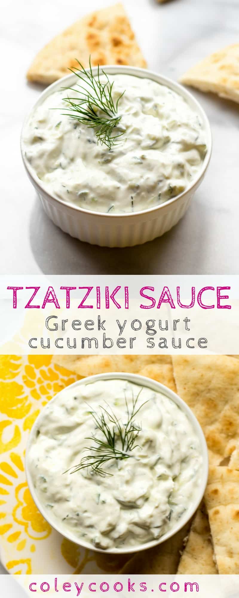 TZATZIKI SAUCE | Easy recipe for Greek yogurt cucumber sauce Tzatziki! Creamy, refreshing, and wonderful with pita, on gyros, souvlaki, falafel, or your favorite Greek recipe! #glutenfree #vegetarian | ColeyCooks.com