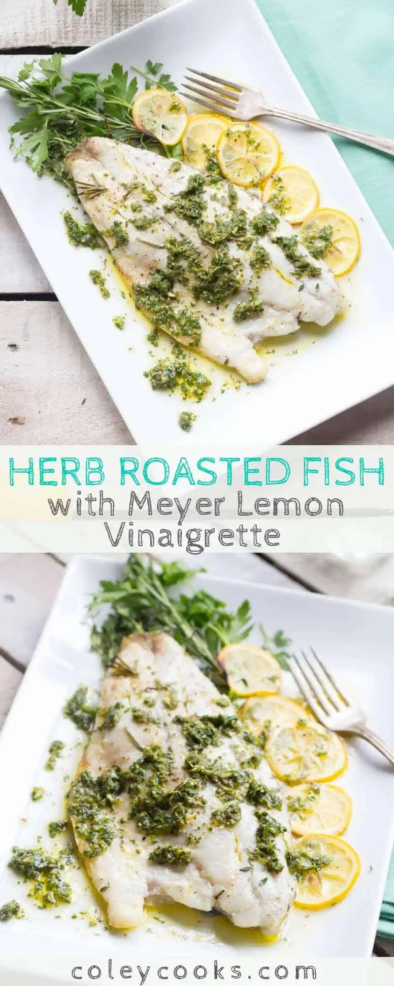 This easy recipe for Herb Roasted Fish with Meyer Lemon Vinaigrette is an easy, healthy recipe that can be made in 20 minutes! Adaptable to many different types of fish. #easy #fish #seafood #recipe #barramundi #meyerlemon #roasted | ColeyCooks.com