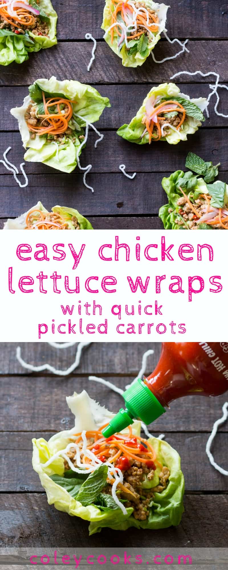 CHICKEN LETTUCE WRAPS with QUICK PICKLED CARROTS | This easy recipe for chicken lettuce wraps is Southeast Asian / Thai inspired. The best quick and easy chicken dinner recipe! | ColeyCooks.com