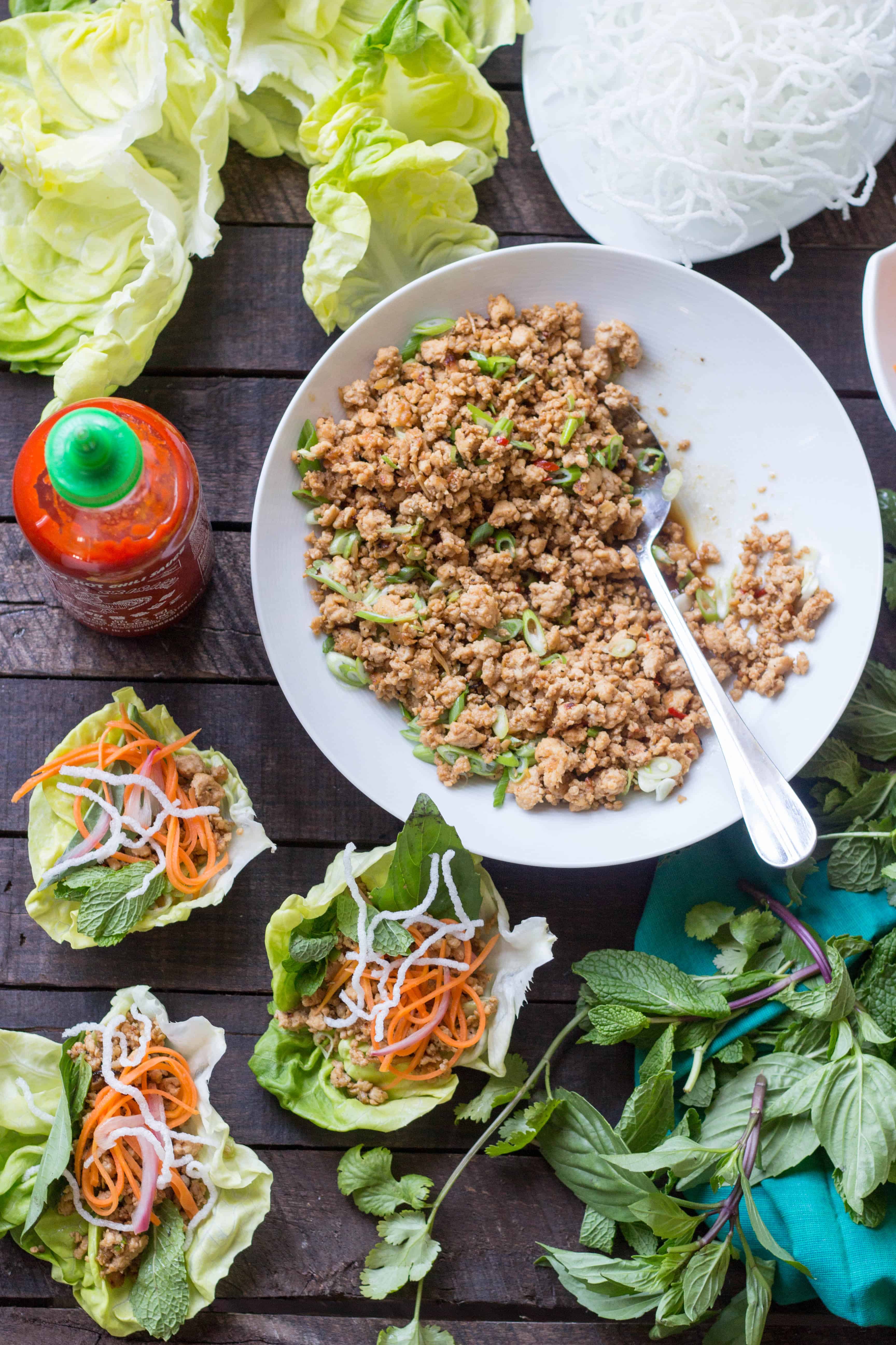 chicken-lettuce-wraps-with-quick-pickled-carrots-puffed-rice-noodles