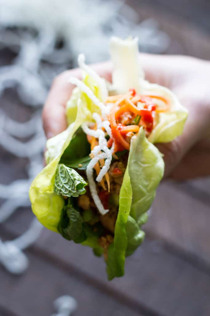 Chicken Lettuce Wraps with Quick Pickled Carrots + Puffed Rice Noodles