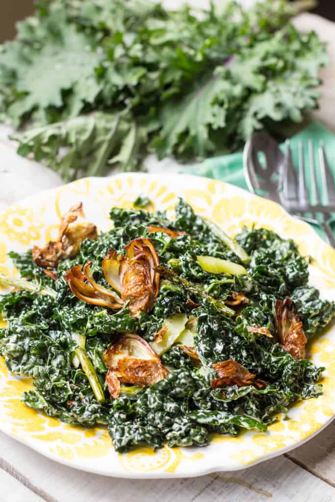 Fried Artichoke, Kale + Asparagus Salad with Pickled Celery + Creamy Parmesan Dressing