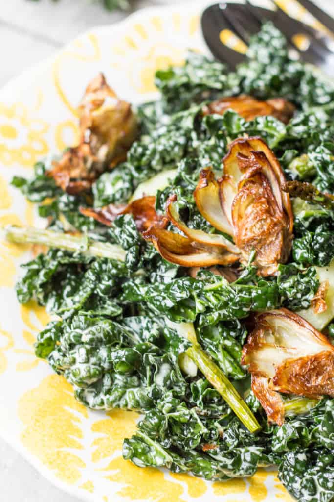 Fried Artichoke, Kale + Asparagus Salad with Pickled Celery + Creamy Parmesan Dressing