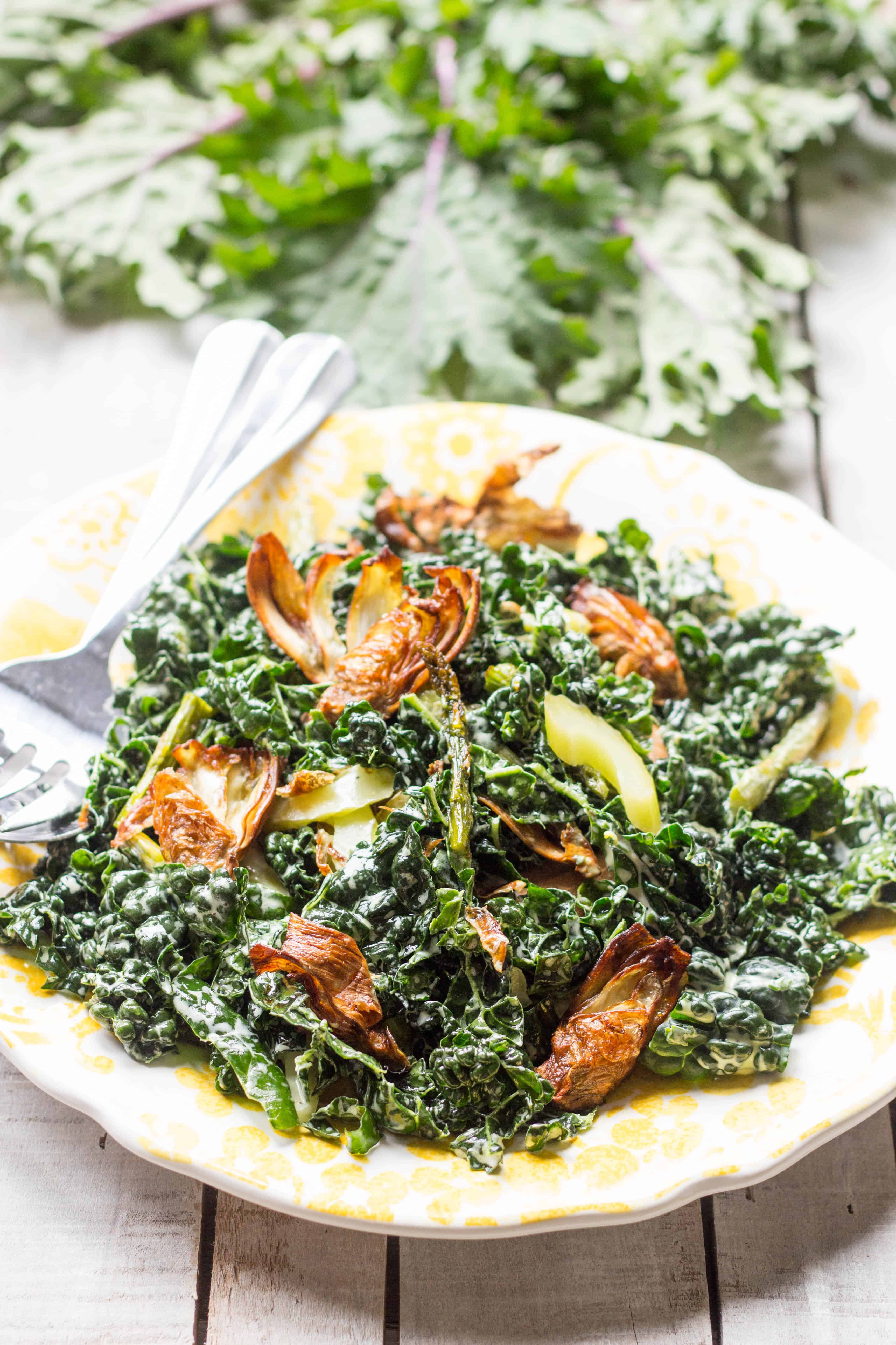Fried Artichoke, Kale + Asparagus Salad with Pickled Celery + Creamy