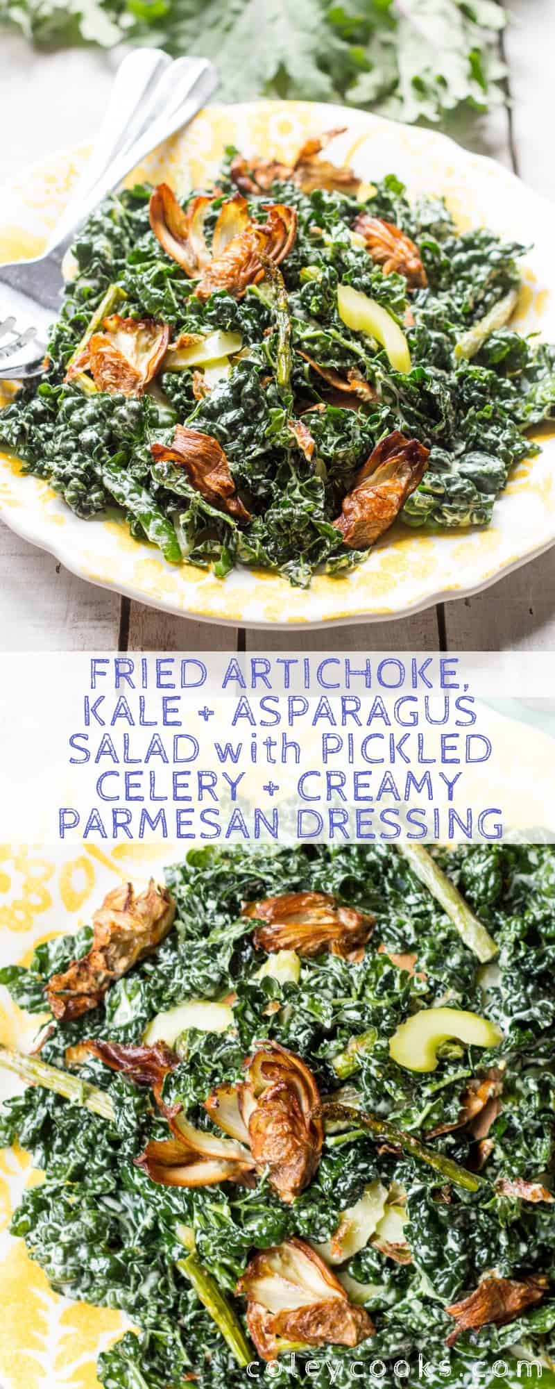 This incredibly unique salad pairs crispy fried artichokes, tender massaged kale, roasted asparagus, and quick pickled celery with a creamy parmesan dressing. GREAT for spring! #easy #spring #salad #recipe #vegetable #artichokes #kale #asparagus | ColeyCooks.com