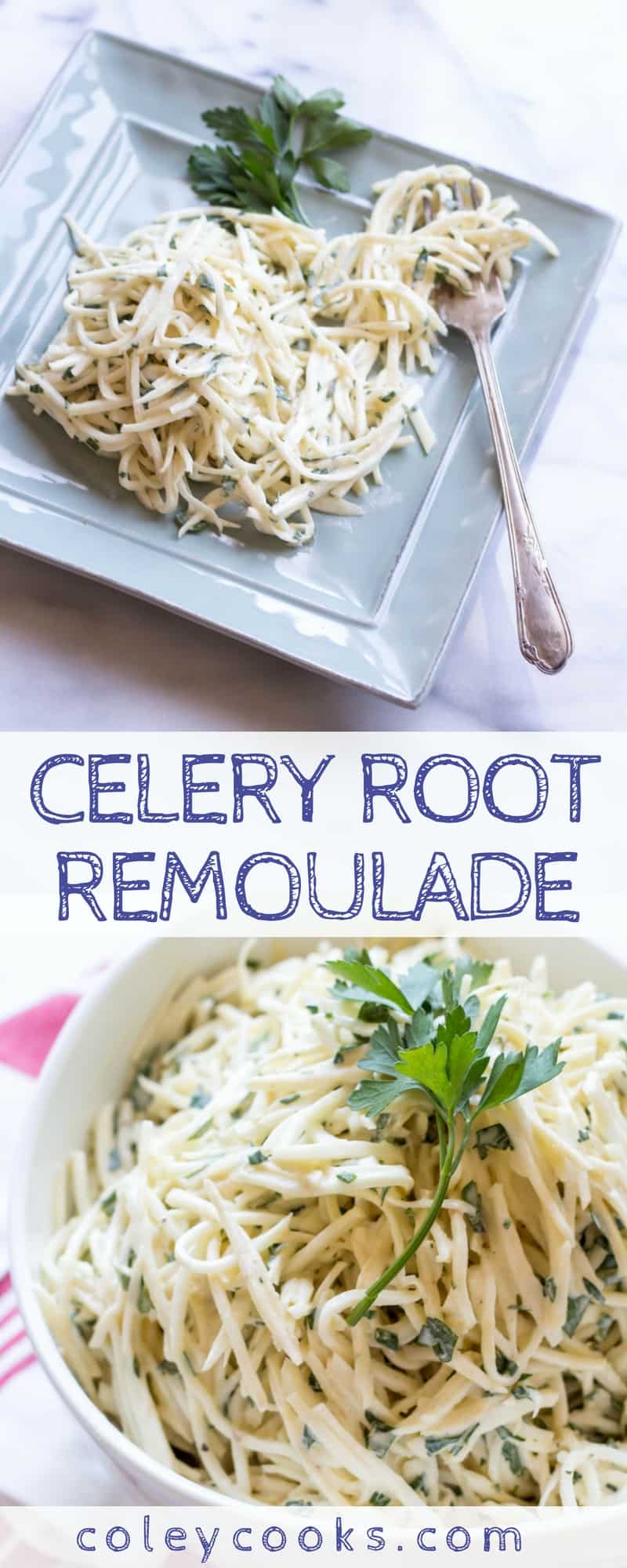 CELERY ROOT REMOULADE | Crisp and refreshing side to serve with sandwiches, meats, fish, and more! It's like a fancy cousin of Coleslaw. #glutenfree #vegetarian | ColeyCooks.com