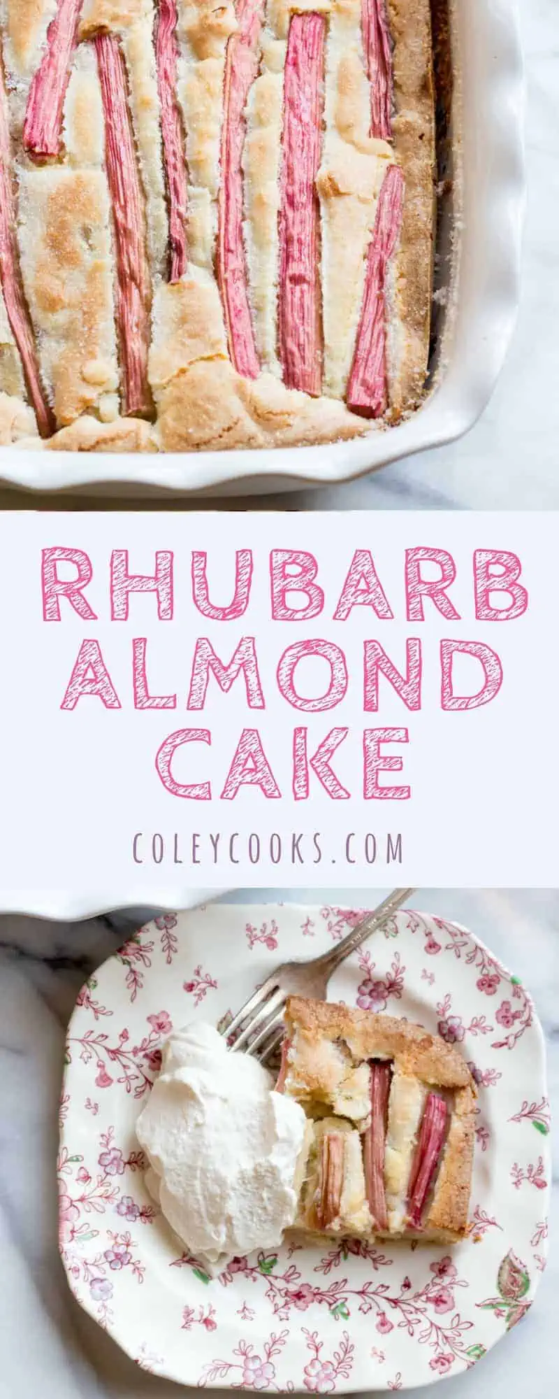 RHUBARB ALMOND CAKE with BOURBON WHIPPED CREAM|Tangy, dense, and delicious cake flecked with long strips of vibrant rhubarb and finished with boozy bourbon whipped cream. So great for Spring! | ColeyCooks.com
