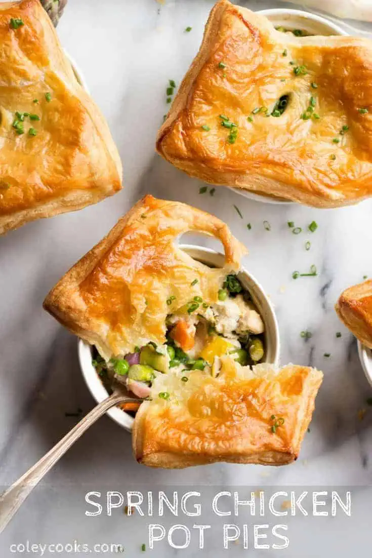 Spring Chicken Pot Pies | All of the Spring Veggies, Tender Chicken, and Crisp Puff Pastry. Easy spring recipe! #easy #spring #chicken #pot #pie #pastry #radishes #asparagus #peas #vegetables #recipe | ColeyCooks.com
