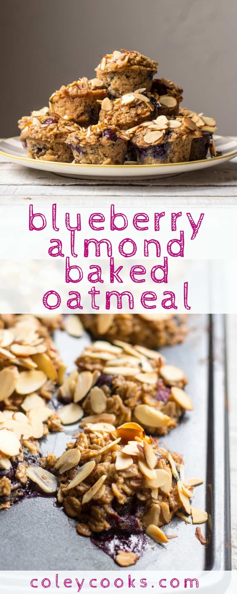 BLUEBERRY ALMOND BAKED OATMEAL | This baked oatmeal recipe is an easy and nutritious breakfast to take on the go! These little baked oatmeal bites are gluten free, dairy free, loaded with blueberries, and taste amazing! | ColeyCooks.com