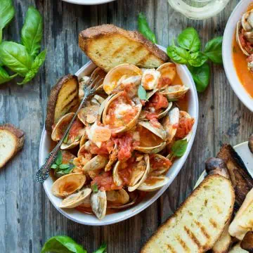 Clams with Tomatoes, Basil + Blue Cheese