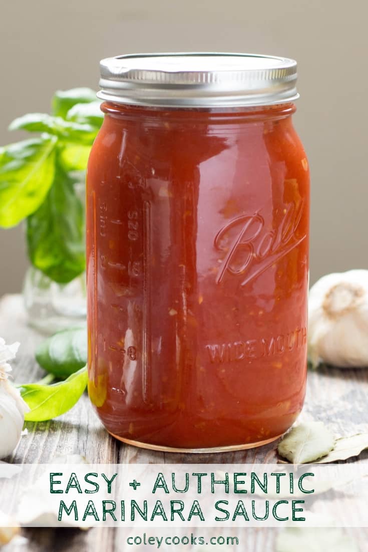 This easy + authentic Italian Marinara Sauce recipe is made from canned tomatoes and is a million times better than anything you can buy at the store! Takes less than 30 minutes to make and is perfect for tossing with pasta, topping pizza, chicken or eggplant parm, and more! #Italian #pasta #marinara #tomato #sauce #gravy #authentic | ColeyCooks.com