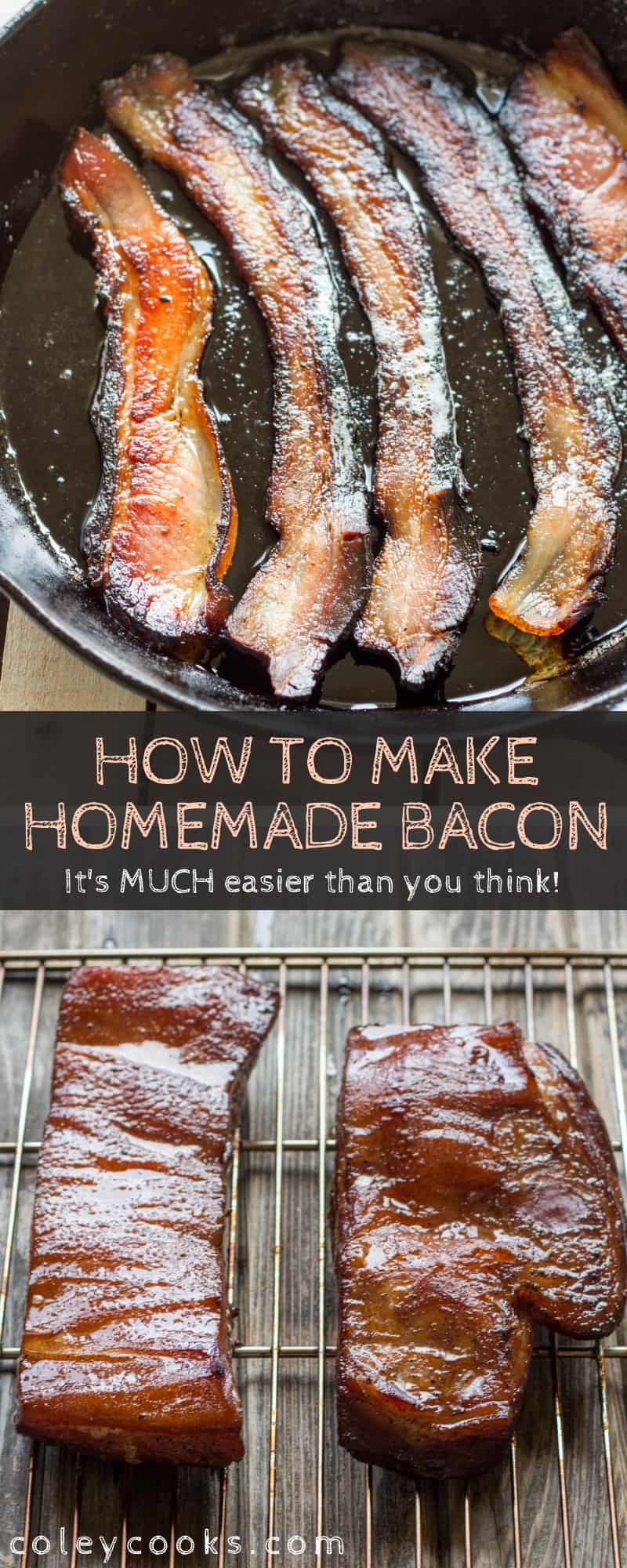 Learn to cure and smoke your own bacon at home with this simple tutorial.This recipe for homemade bacon is so much easier than you might think! #easy #homemade #bacon #smoked #pork #recipe | ColeyCooks.com