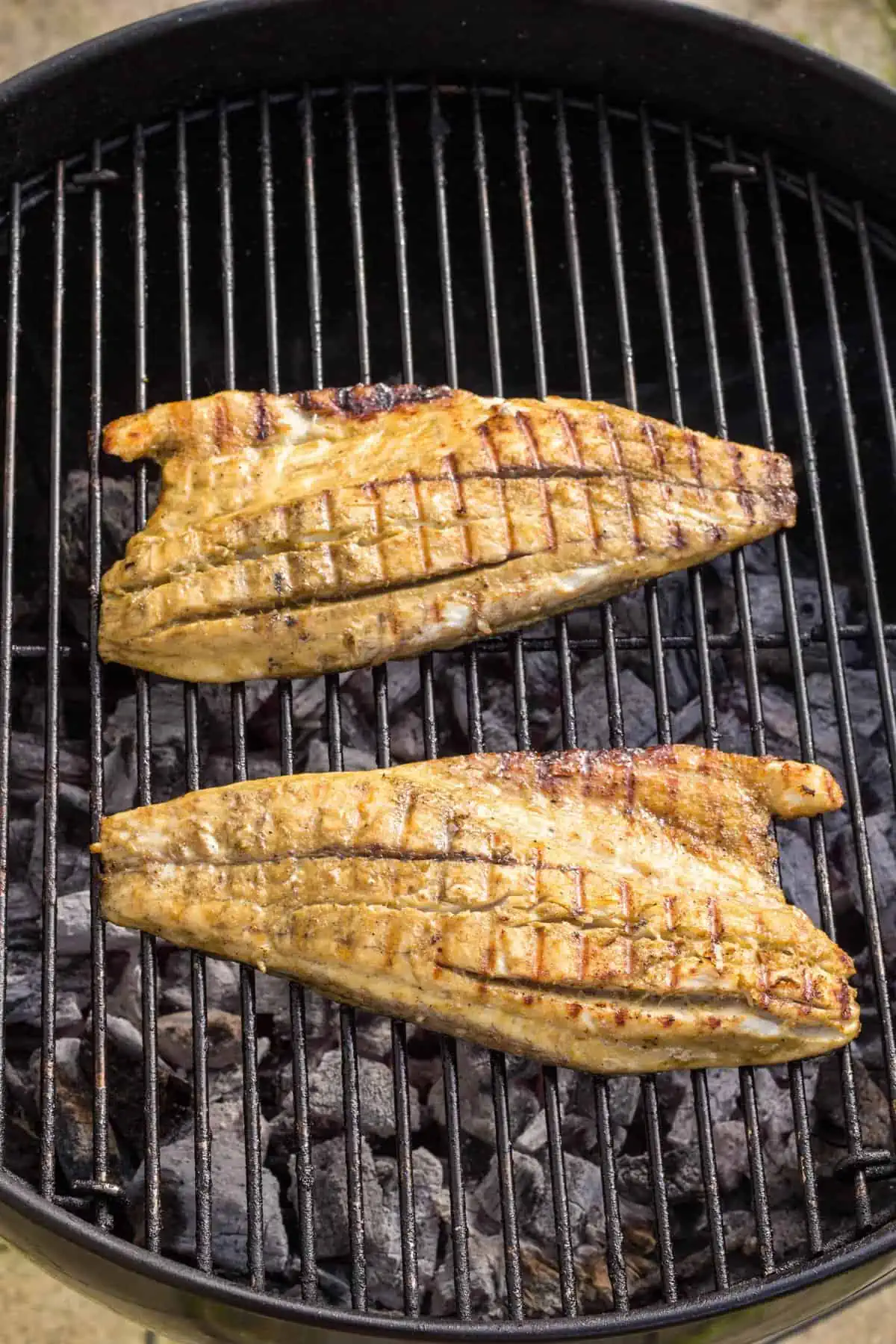 Two barramundi fillets on a charcoal grill.