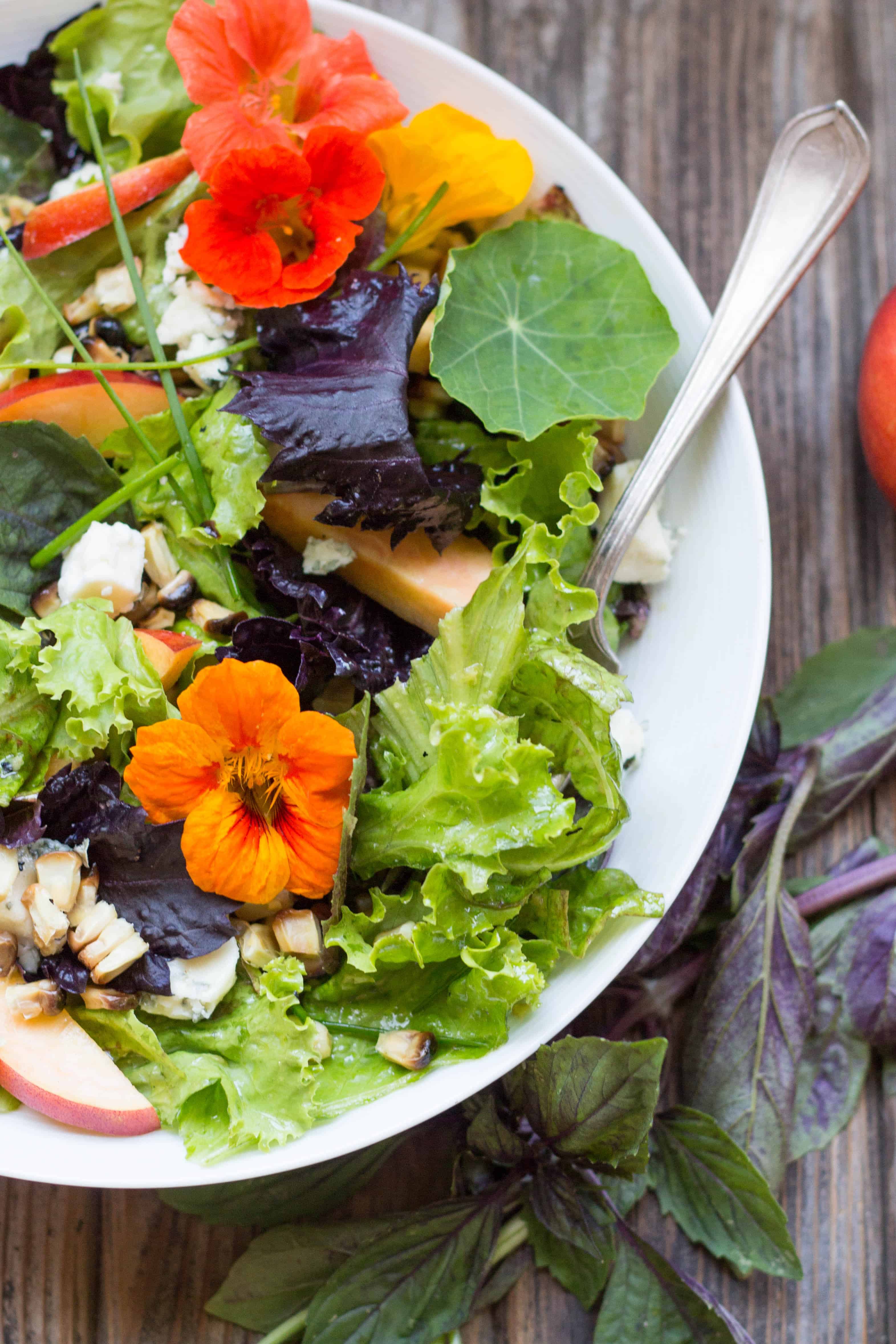 grilled corn + nectarine salad with blue cheese, basil + chives