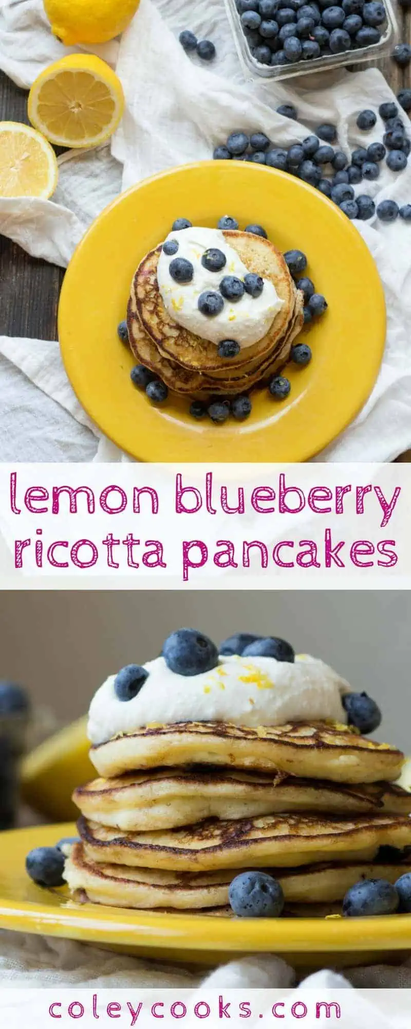 LEMON BLUEBERRY RICOTTA PANCAKES | The best summer breakfast or brunch pancake recipe! Creamy and fluffy with a little tang from the lemon and blueberries. | ColeyCooks.com