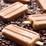 Angled side view of frozen coffee popsicles on a backdrop of coffee beans, emphasizing the popsicles’ creamy texture and bold espresso color.