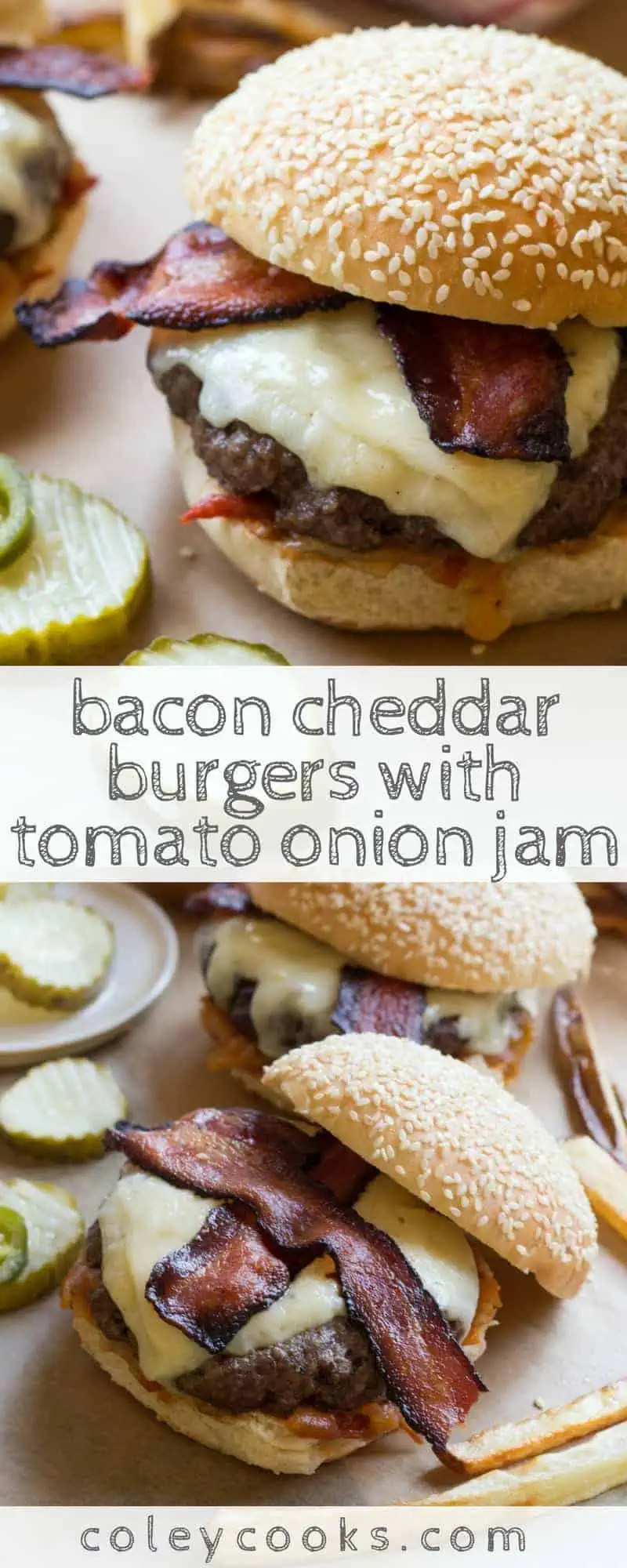 BACON CHEDDAR BURGERS with TOMATO ONION JAM | The best cheeseburgers ever! Smoky bacon, melted sharp cheddar, tangy tomato onion jam - perfection. #burgers #tomatoes | ColeyCooks.com