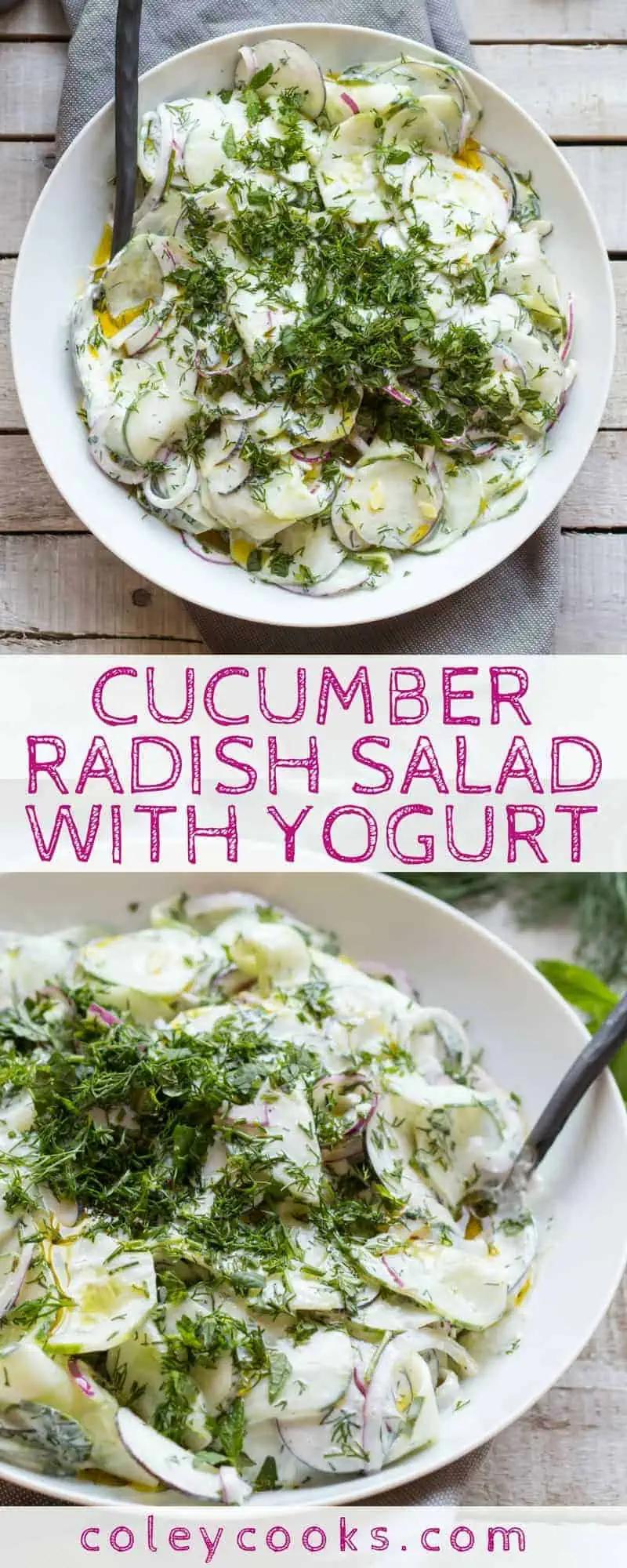 CUCUMBER RADISH SALAD with YOGURT | This summer salad is light, crisp, creamy, and so refreshing! It makes the best summer side to any grilled dinner! #glutenfree #vegetarian | ColeyCooks.com