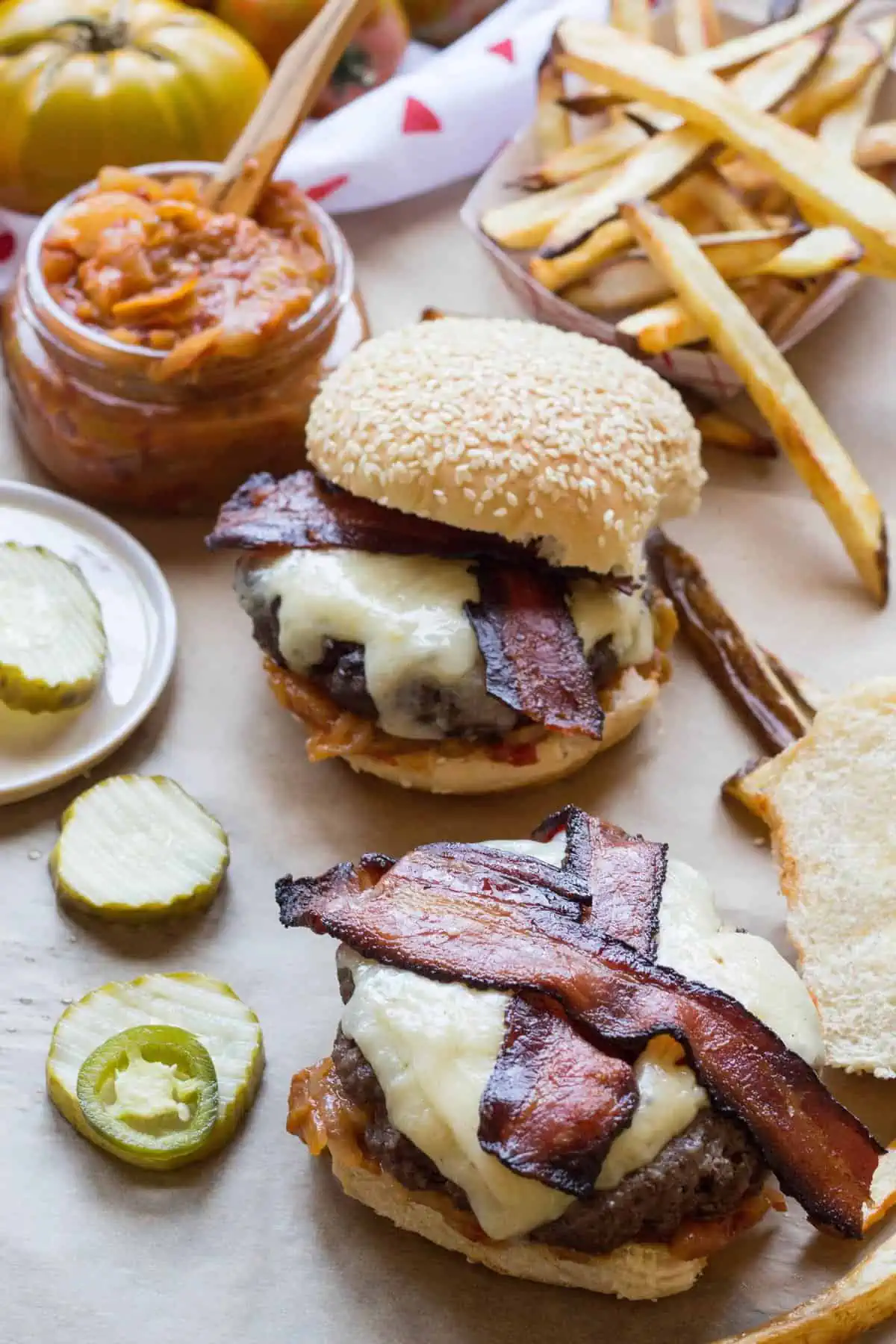 Bacon Cheddar Burgers with Tomato Onion Jam